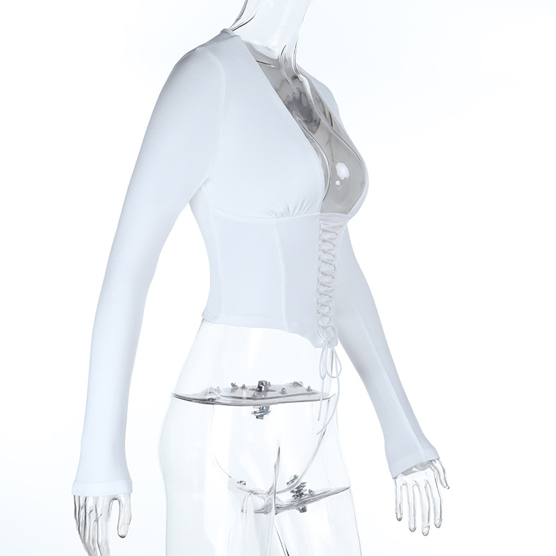 Ruched V-Neck Long Sleeve Top with Tie Detail