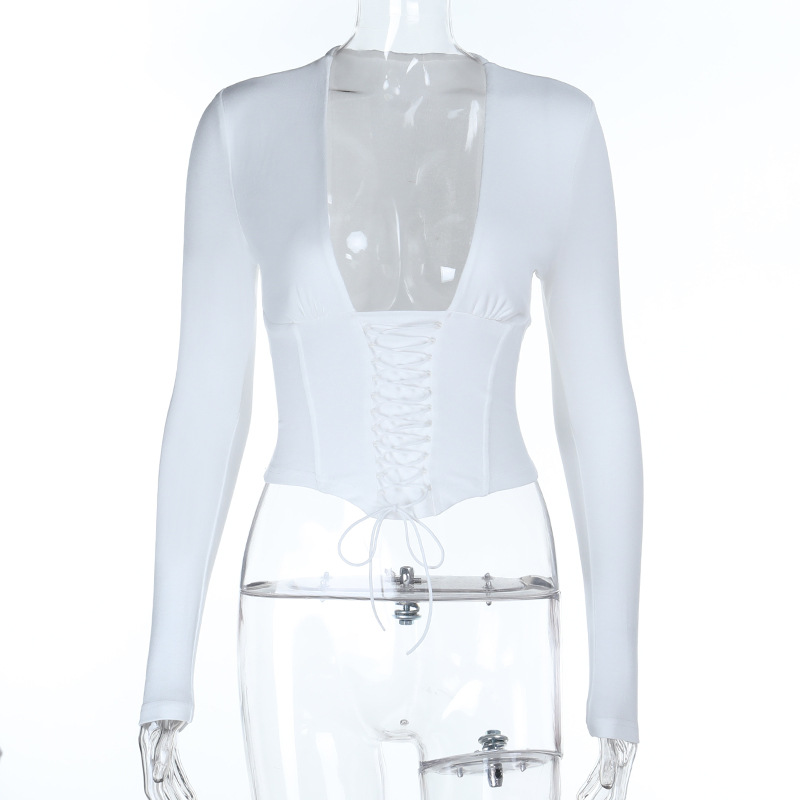 Ruched V-Neck Long Sleeve Top with Tie Detail