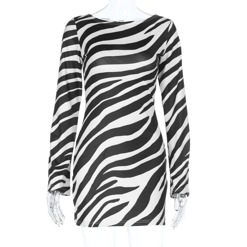 Fitted Cocktail Gown with Cut-Out Back Animal Print Long Sleeve Dress