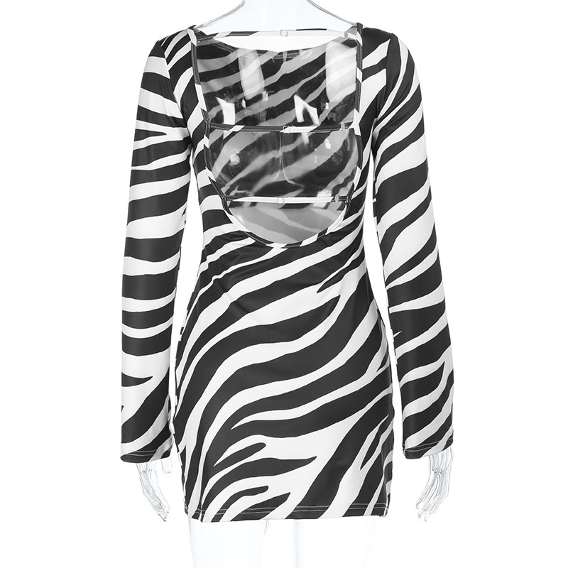 Fitted Cocktail Gown with Cut-Out Back Animal Print Long Sleeve Dress