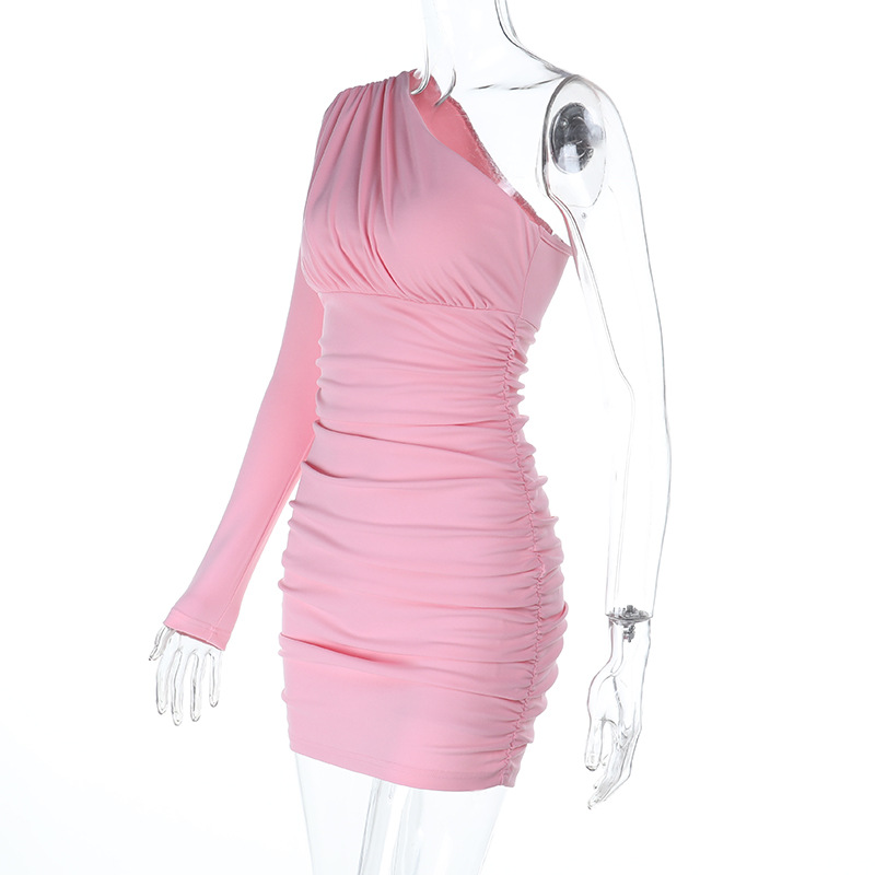 Fitted Cocktail Gown with Cut-Out Back One-Shoulder Long Sleeve Midi Dress