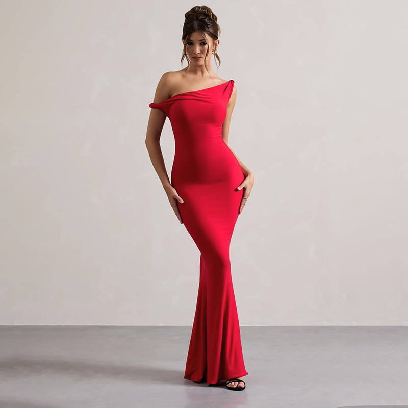 Off-Shoulder Twist Detail Mermaid Gown Sexy Ruched Long Dress
