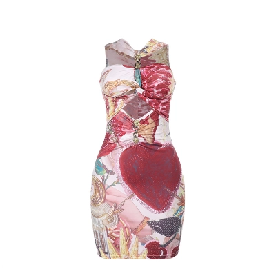 Printed Cut-Out Bodycon Dress with Metal Buttons 01