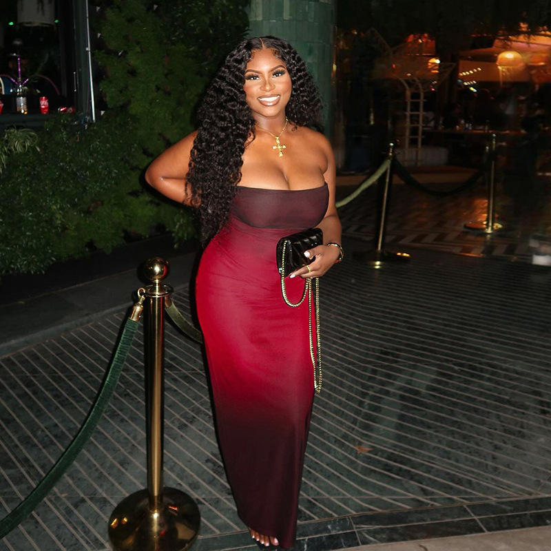 Strapless Ombre Tulle Backless Long Dress