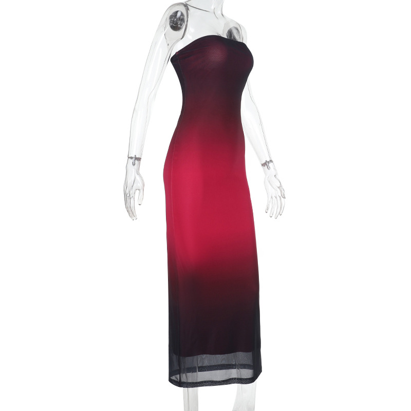 Strapless Ombre Tulle Backless Long Dress