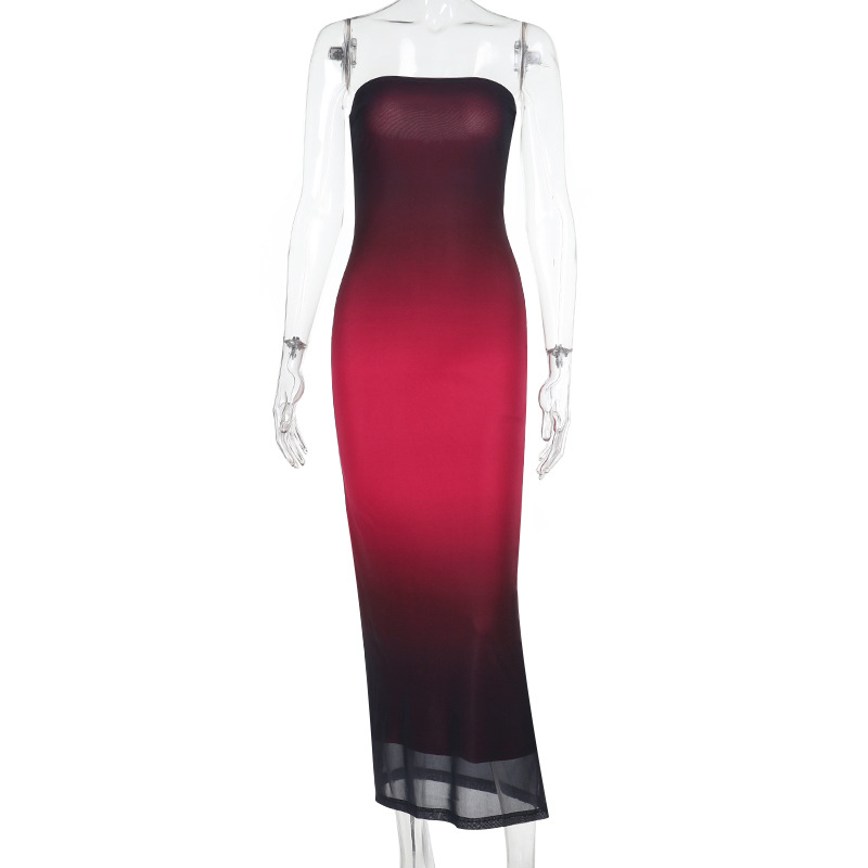 Strapless Ombre Tulle Backless Long Dress