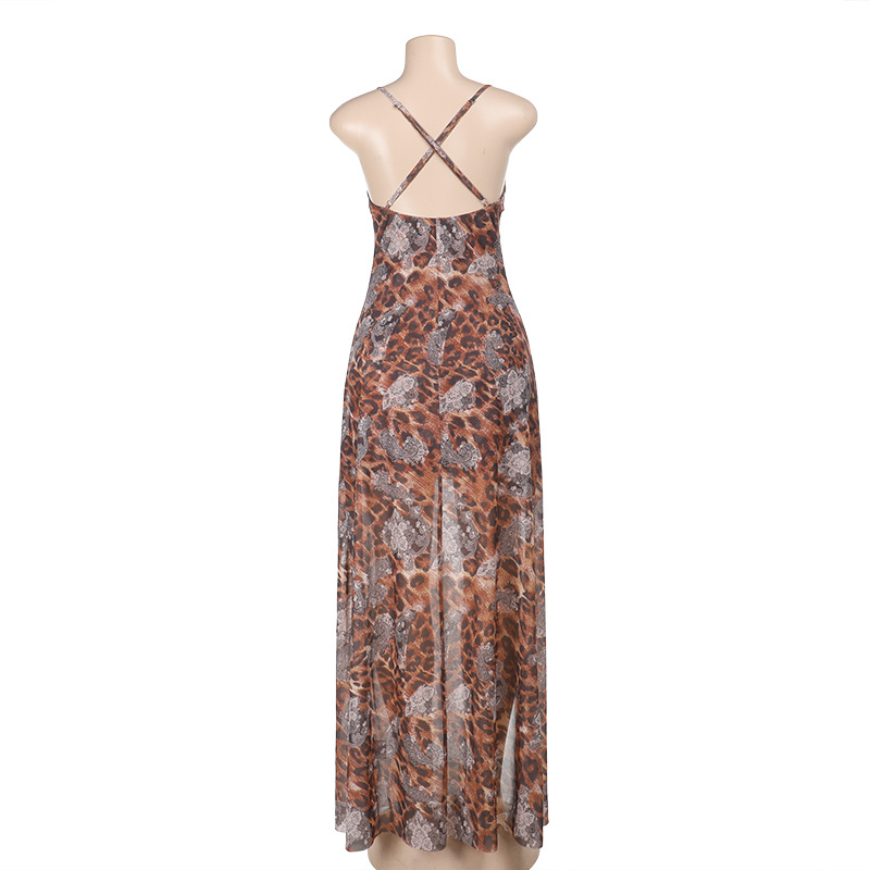 Leopard Print Spaghetti Strap Bodycon Long Dress