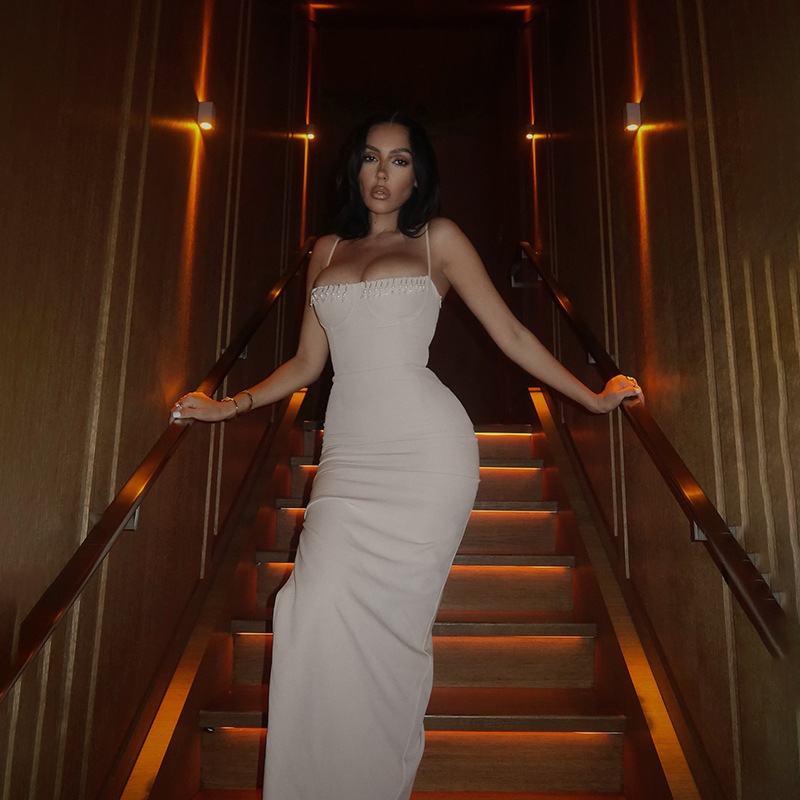 Sexy Beaded Spaghetti Strap Slit Maxi Dress