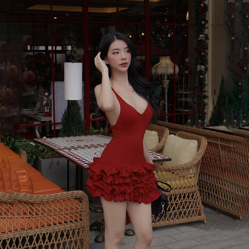 Spaghetti Strap Deep V-Neck Ruffled Mini Dress