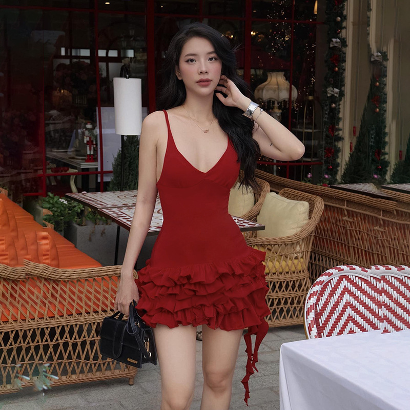 Spaghetti Strap Deep V-Neck Ruffled Mini Dress