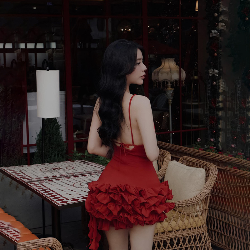 Spaghetti Strap Deep V-Neck Ruffled Mini Dress