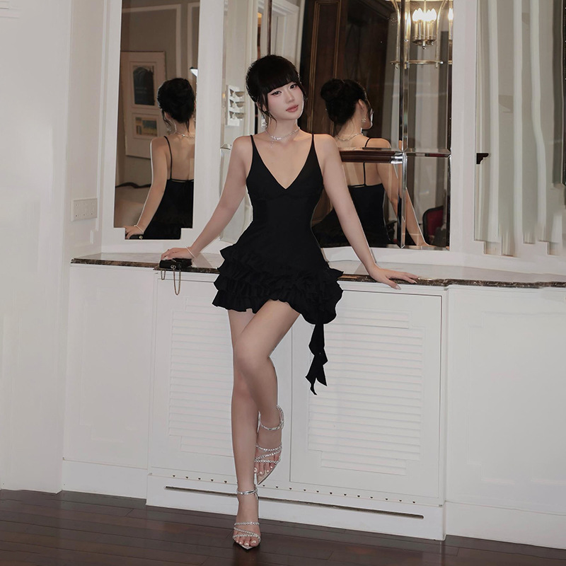 Spaghetti Strap Deep V-Neck Ruffled Mini Dress