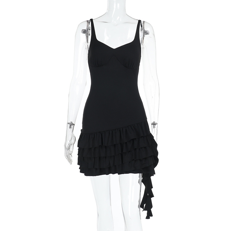 Spaghetti Strap Deep V-Neck Ruffled Mini Dress