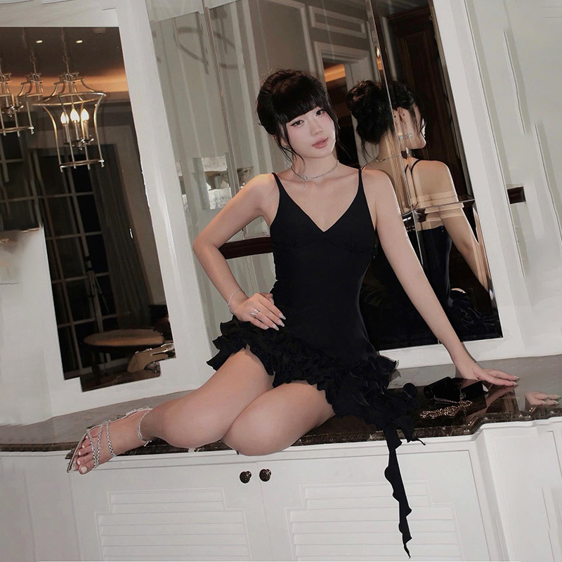 Spaghetti Strap Deep V-Neck Ruffled Mini Dress