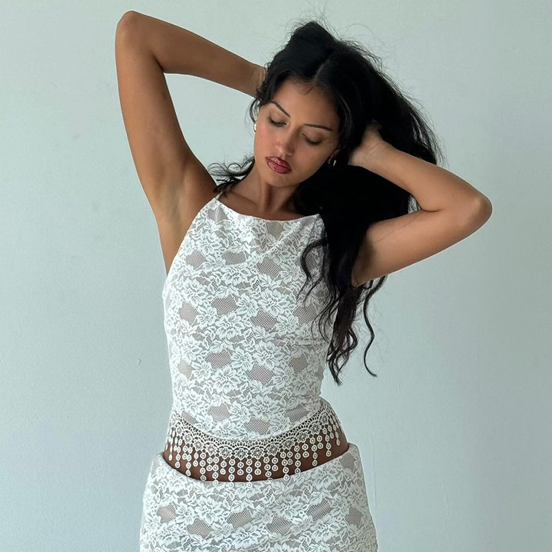 Sexy Lace Halter Crop Top with Tassels & Ruffled Trim