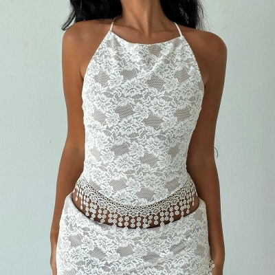 Sexy Lace Halter Crop Top with Tassels & Ruffled Trim 02