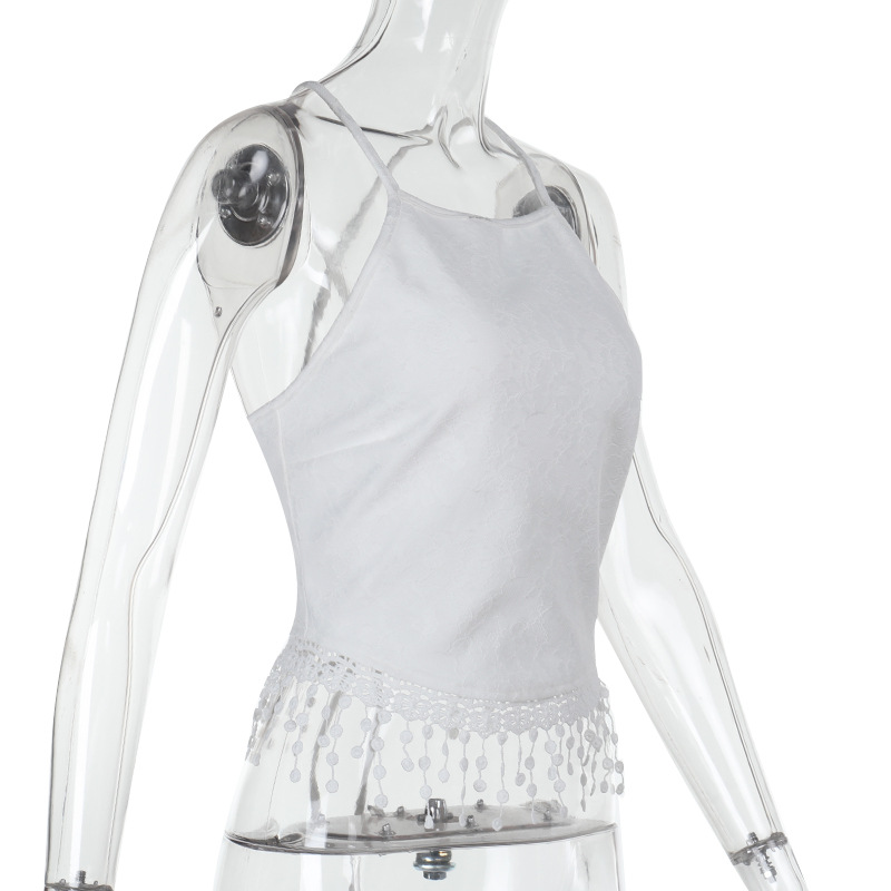 Sexy Lace Halter Crop Top with Tassels & Ruffled Trim