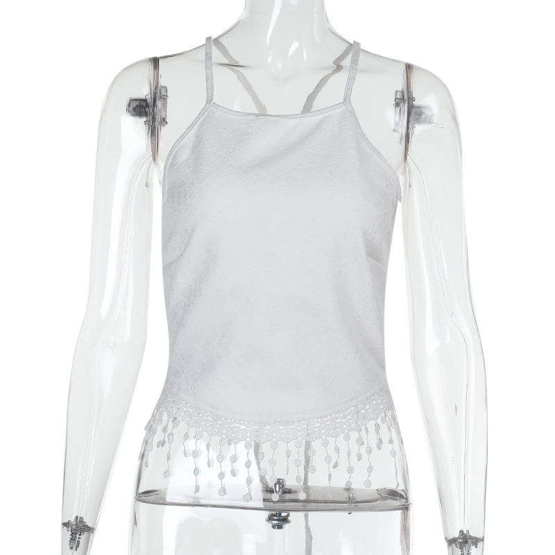 Sexy Lace Halter Crop Top with Tassels & Ruffled Trim