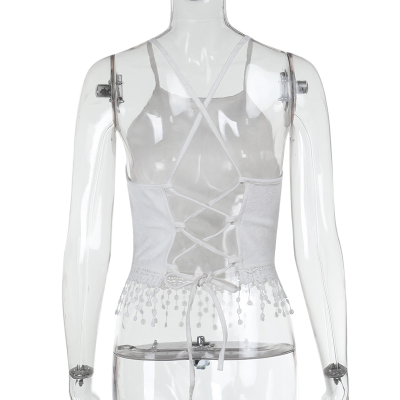 Sexy Lace Halter Crop Top with Tassels & Ruffled Trim