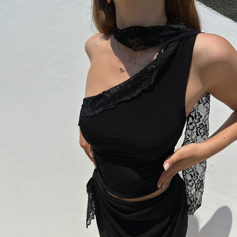 Sexy Halter Crop Top with Lace Panel