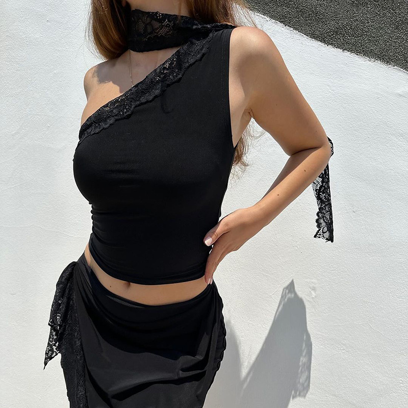 Sexy Halter Crop Top with Lace Panel