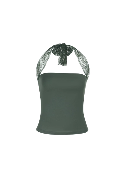 Halter Workout Crop Top with Lace Trim 01