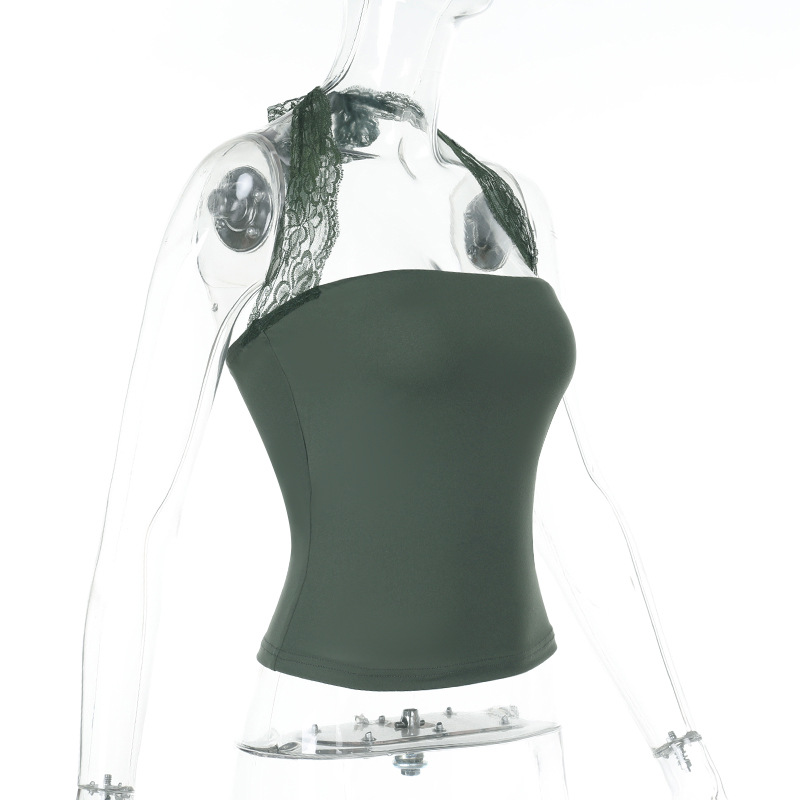 Halter Workout Crop Top with Lace Trim