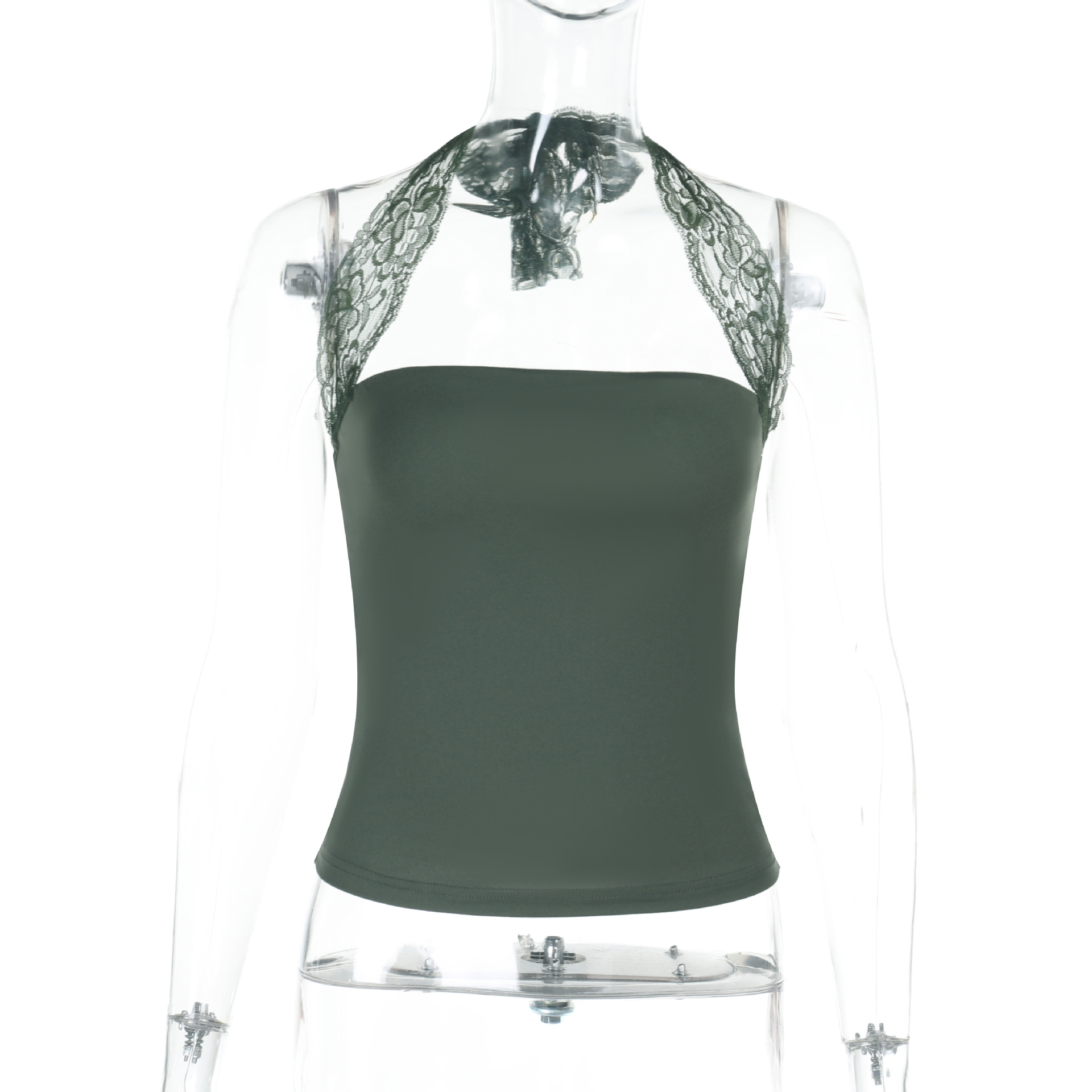 Halter Workout Crop Top with Lace Trim