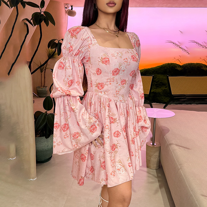 Floral Rose Print A-Line Midi Dress with Long Sleeves