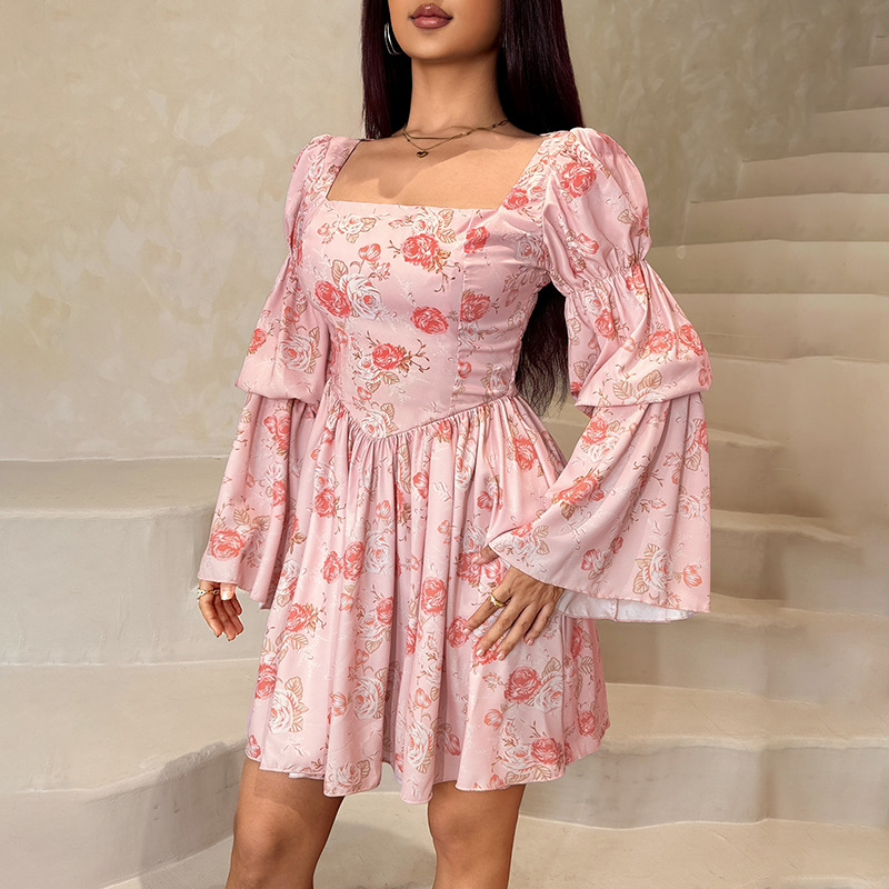 Floral Rose Print A-Line Midi Dress with Long Sleeves
