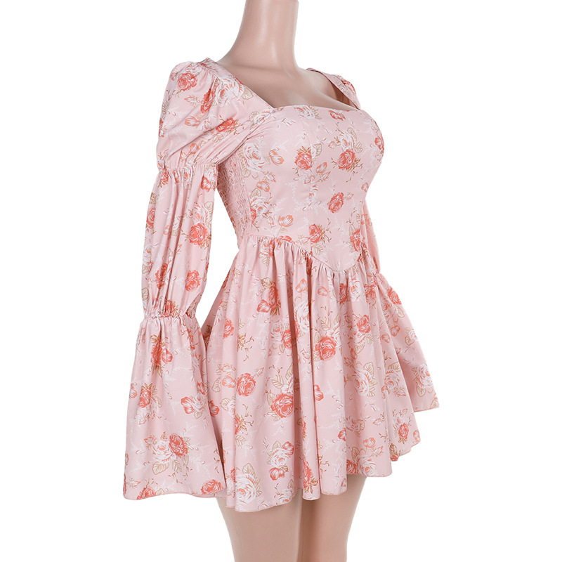 Floral Rose Print A-Line Midi Dress with Long Sleeves