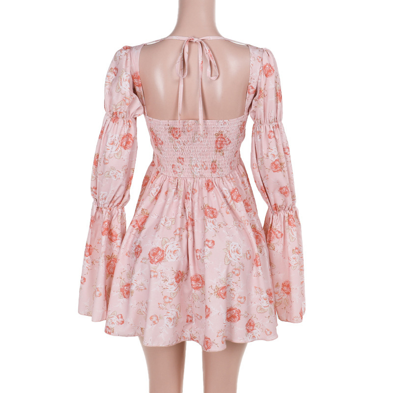 Floral Rose Print A-Line Midi Dress with Long Sleeves