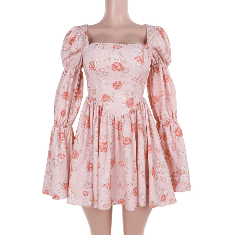 Floral Rose Print A-Line Midi Dress with Long Sleeves
