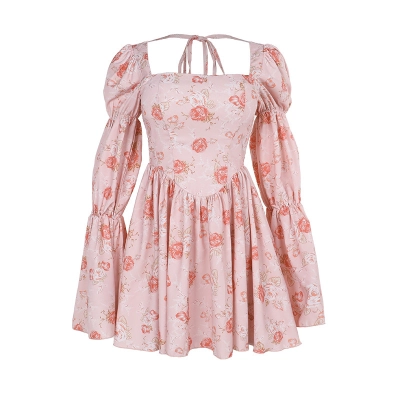 Floral Rose Print A-Line Midi Dress with Long Sleeves 01