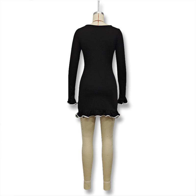 Solid Color Round Neck Long Sleeve Bodycon Dress with Ruffle Hem