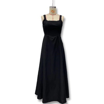 Square Neck Sleeveless Waist-Cinched Strap Dress 01