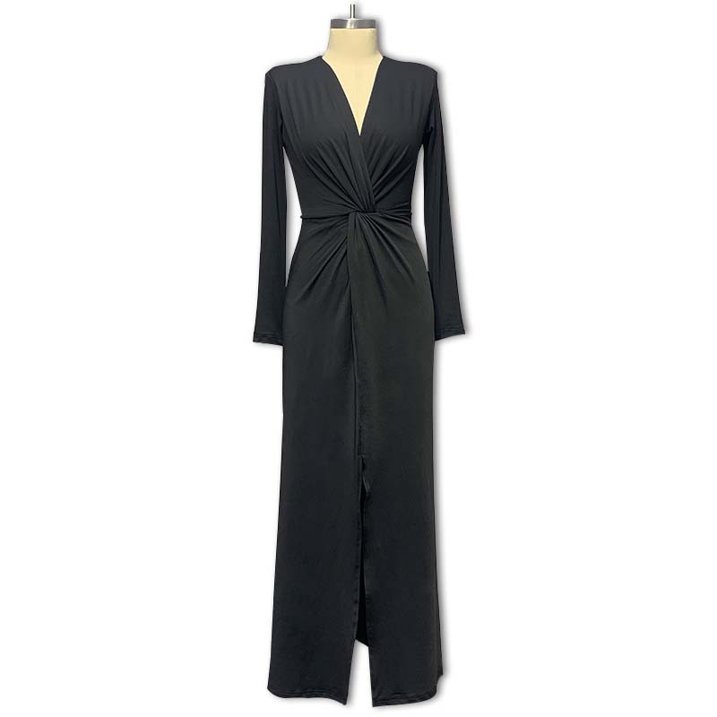 Solid Color Sexy V-Neck Long Sleeve High Slit Dress