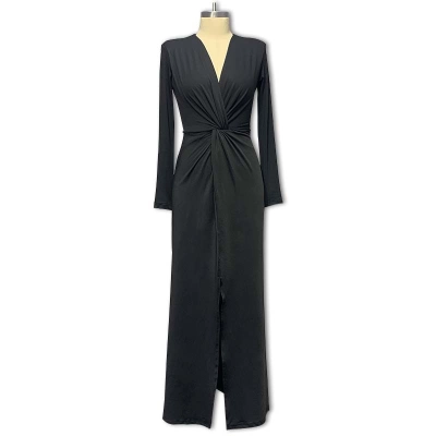 Solid Color Sexy V-Neck Long Sleeve High Slit Dress 01