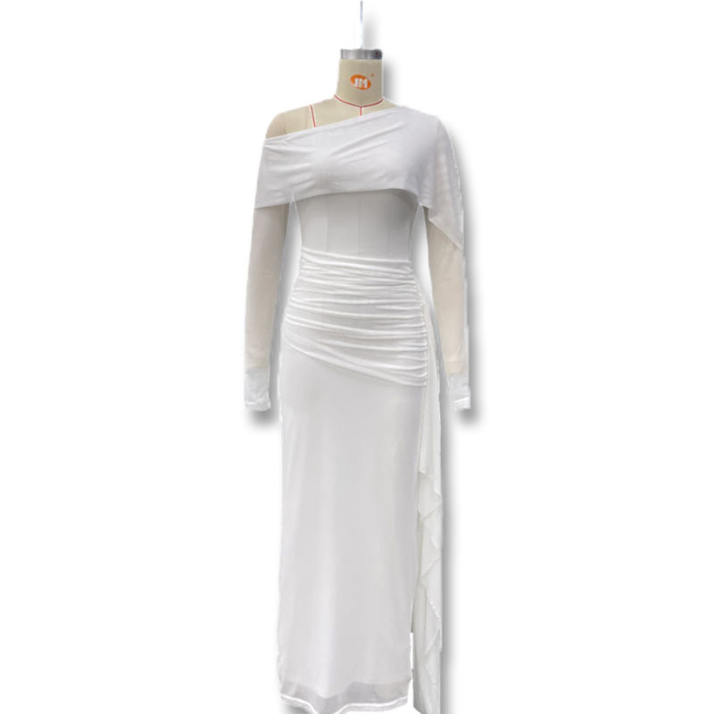 European Style Solid Color Off-Shoulder Long Sleeve Tie Ribbon Bodycon Tulle Dress