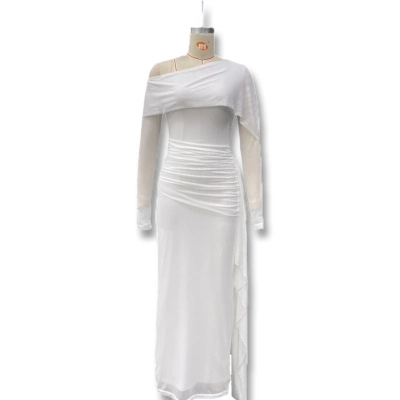 European Style Solid Color Off-Shoulder Long Sleeve Tie Ribbon Bodycon Tulle Dress 01