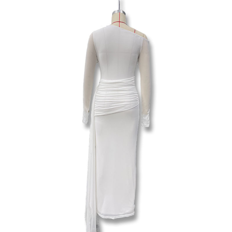 European Style Solid Color Off-Shoulder Long Sleeve Tie Ribbon Bodycon Tulle Dress