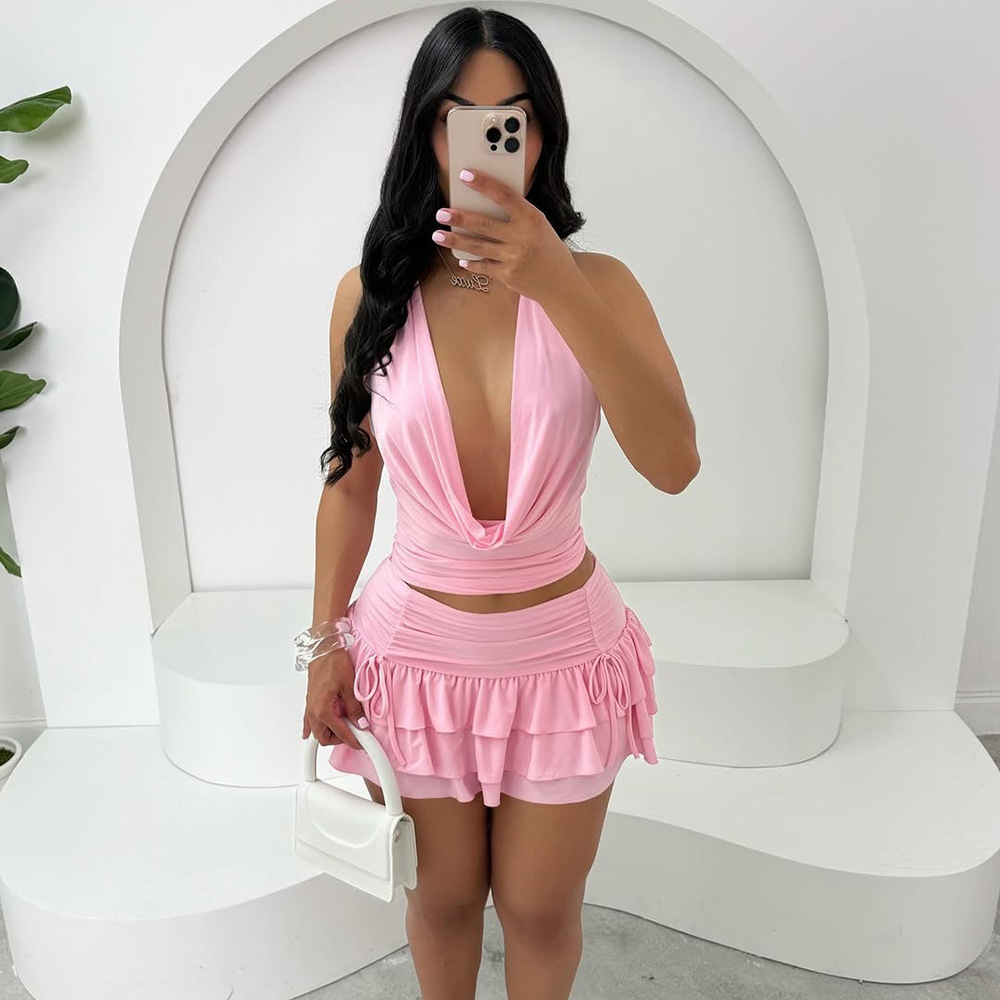 Sexy Cutout Cowl Neck Backless Tie Top + High Waist Ruffled Layered Mini Skirt Set