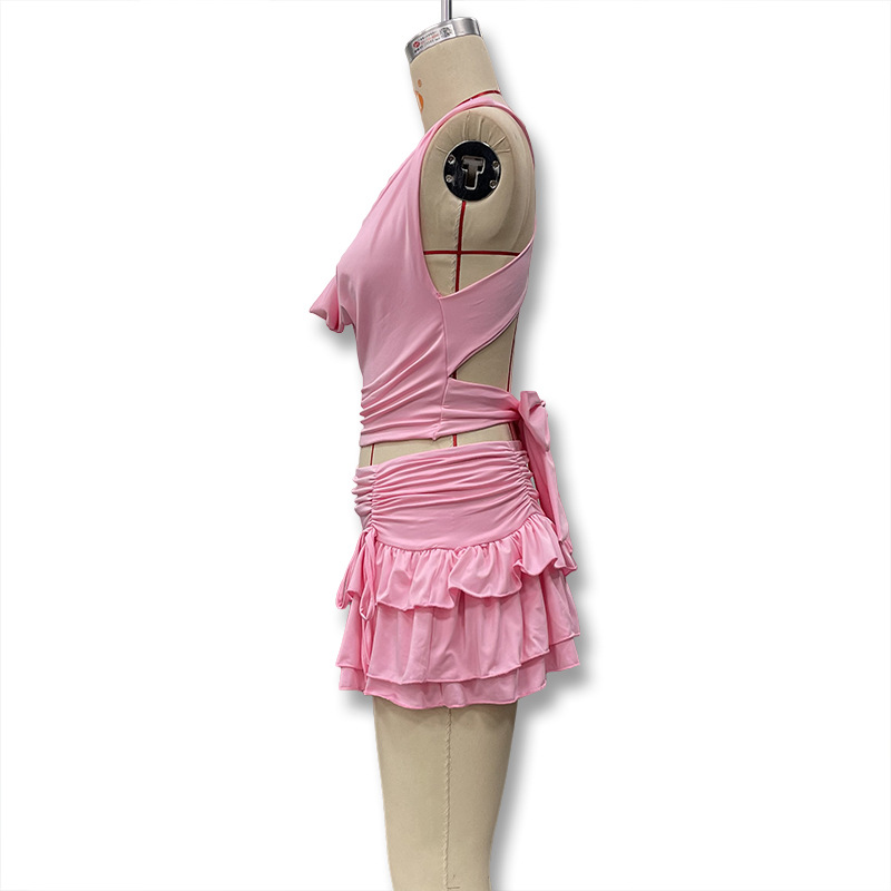 Sexy Cutout Cowl Neck Backless Tie Top + High Waist Ruffled Layered Mini Skirt Set