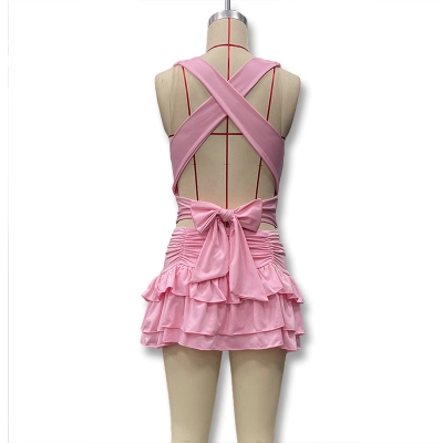 Sexy Cutout Cowl Neck Backless Tie Top + High Waist Ruffled Layered Mini Skirt Set 02