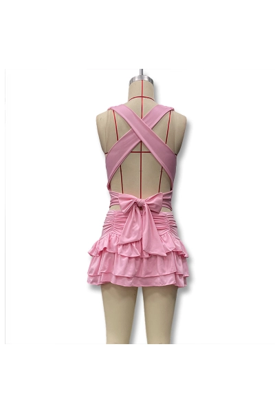 Sexy Cutout Cowl Neck Backless Tie Top + High Waist Ruffled Layered Mini Skirt Set 02