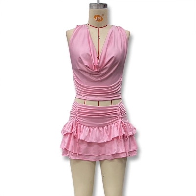 Sexy Cutout Cowl Neck Backless Tie Top + High Waist Ruffled Layered Mini Skirt Set 01