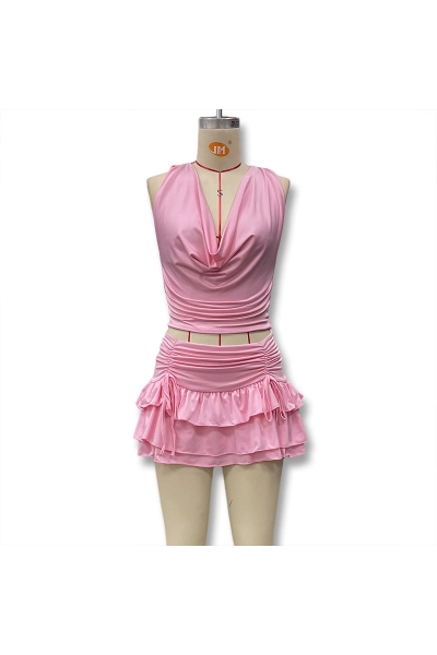 Sexy Cutout Cowl Neck Backless Tie Top + High Waist Ruffled Layered Mini Skirt Set 01