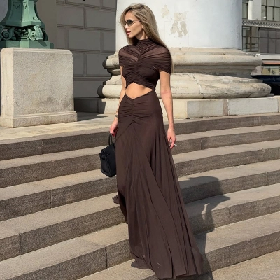 Round Neck Ruched Crop Top Tulle Paneled Long Dress 02