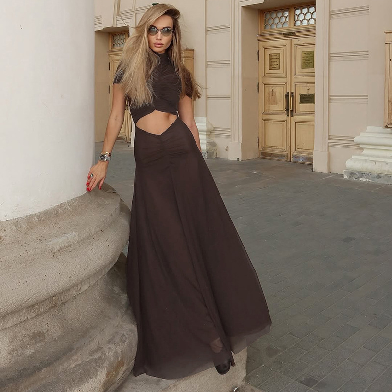 Round Neck Ruched Crop Top Tulle Paneled Long Dress