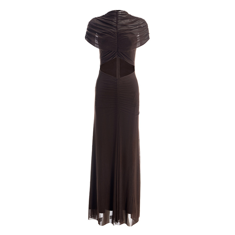Round Neck Ruched Crop Top Tulle Paneled Long Dress